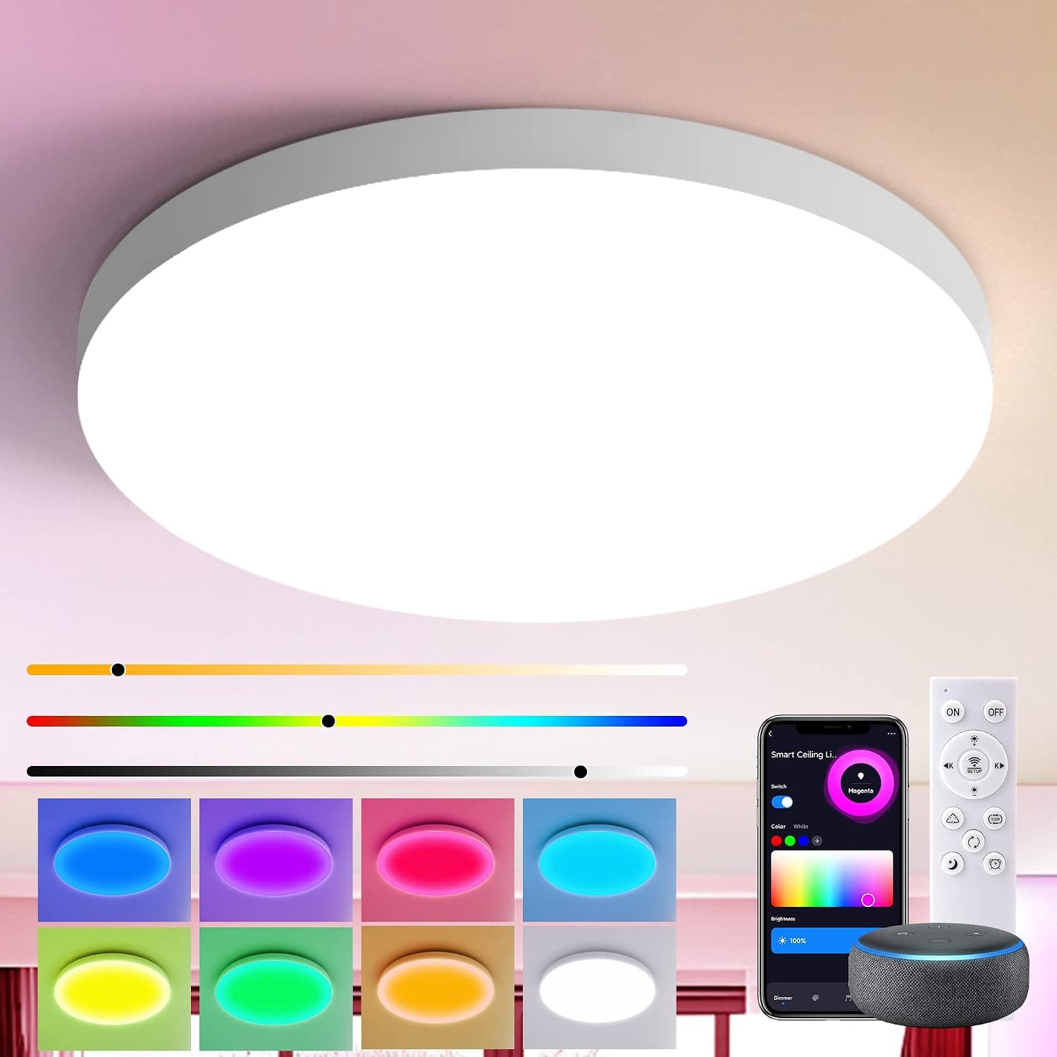 Kuwork Smart RGB Ceiling Light Fixture with Remote APP Control 12 Inch, 36W, 3600lm, 3000K-6500K, Memory, LED Dimmable Flush Mount Ceiling Light Night Light, Compatible with Alexa Google Assistant