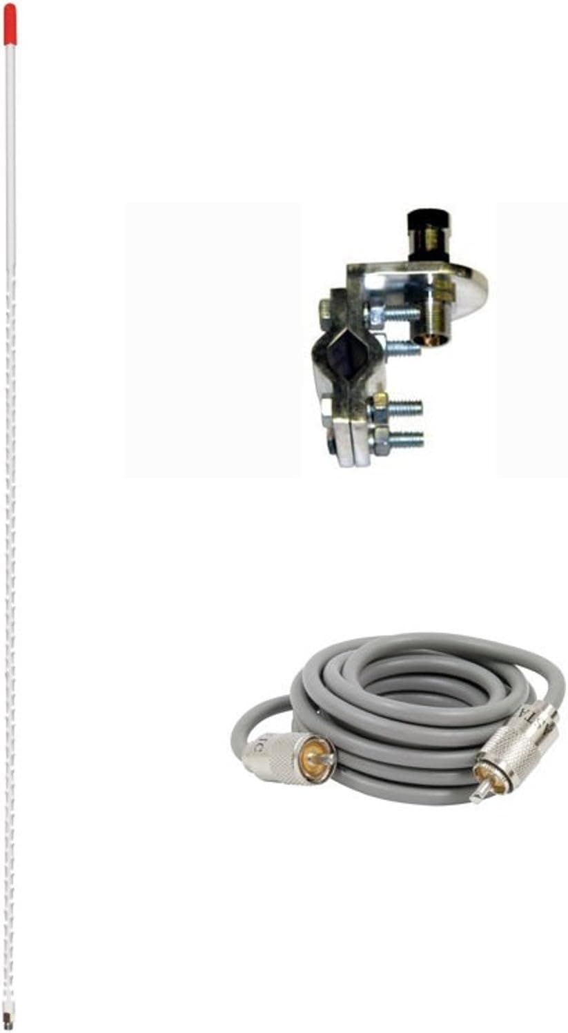 Pro Trucker Single 4' 1,000 Watt CB Radio Antenna Kit with Mirror Mount, Antenna Stud and 9' Coax Cable - White