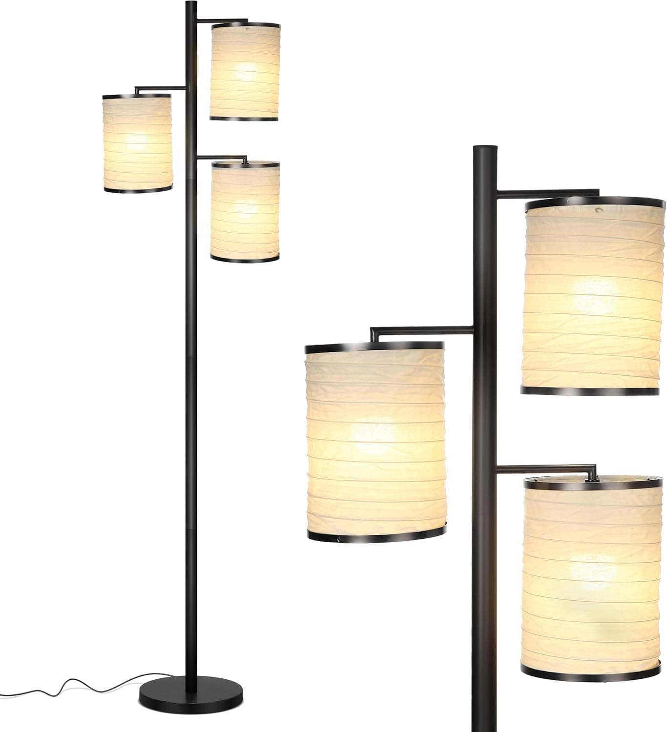 Brightech Liam Floor Lamp, Great Living Room Décor, Tall Tree Lamp for Offices, Asian Lantern Shade Lamp for Living Rooms, Standing Lamp with 3 LED Light Bulbs for Bedroom Reading - Black