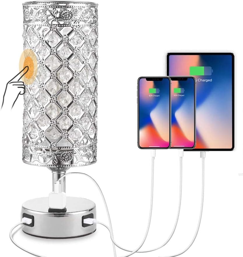 Deamakk Touch Control Crystal Table Lamp, 3-Way Dimmable Bedside Table Lamps with 2 USB Charging Ports and AC Outlet, Modern Nightstand Lamp with Crystal Shade for Bedroom, Office. ( Bulb Included )