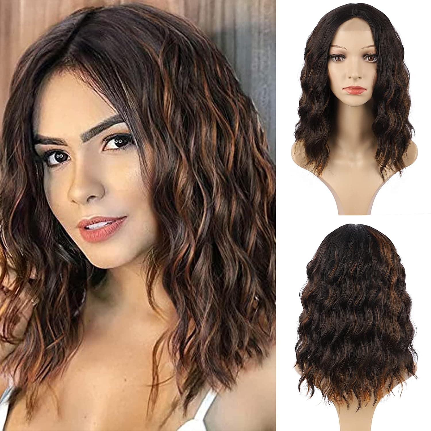 HMD Short Wig Synthetic Black Mixed Brown Wigs for Women Shoulder Length Wigs Middle Part Wavy Bob Wig for Colorful Cosplay Use (Black Mixed Brown, 16 inches)