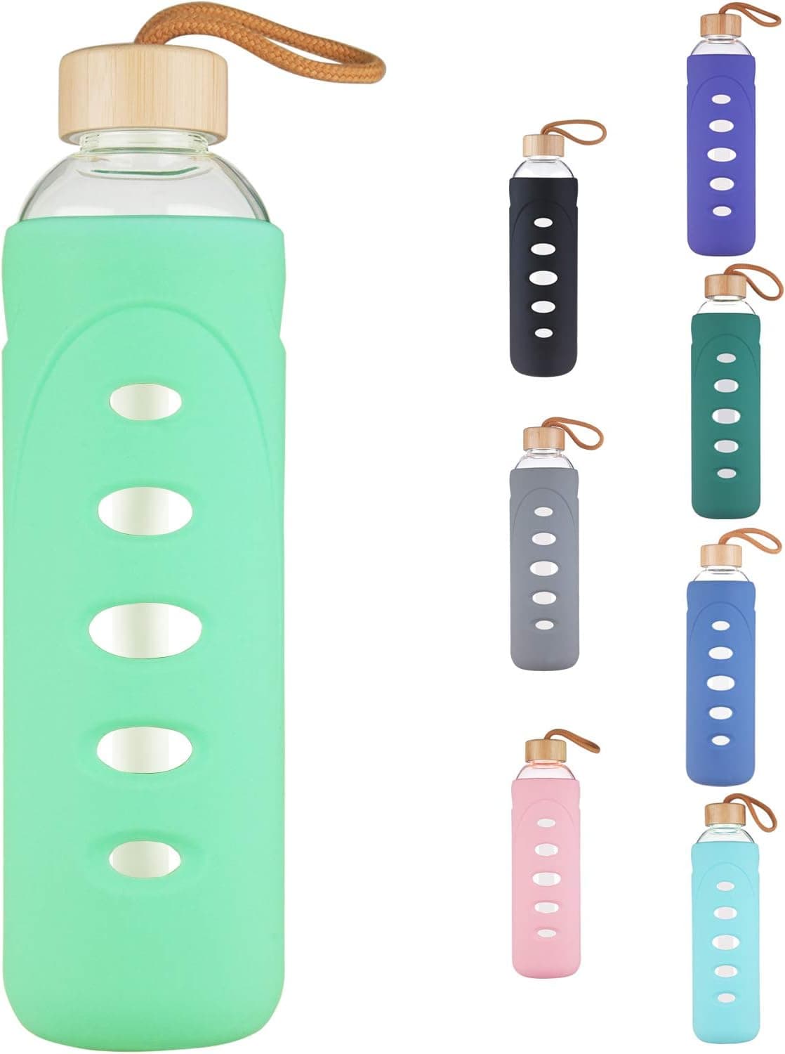 DEARRAY Sport Borosilicate Glass Water Bottle with Protective Silicone Sleeve and Unique Bamboo Lid 25oz Mint