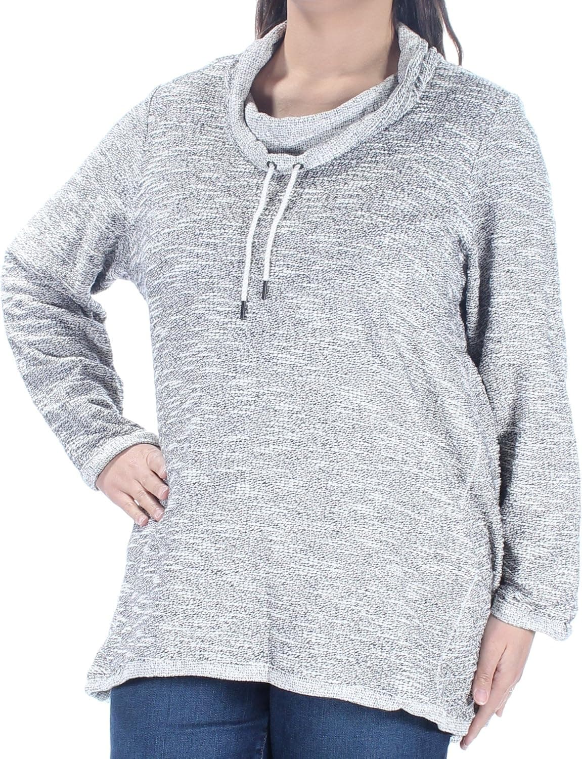Style & Co. Womens Plus Space Dye Funnel Neck Funnel-Neck Sweater Black-Ivory 1X