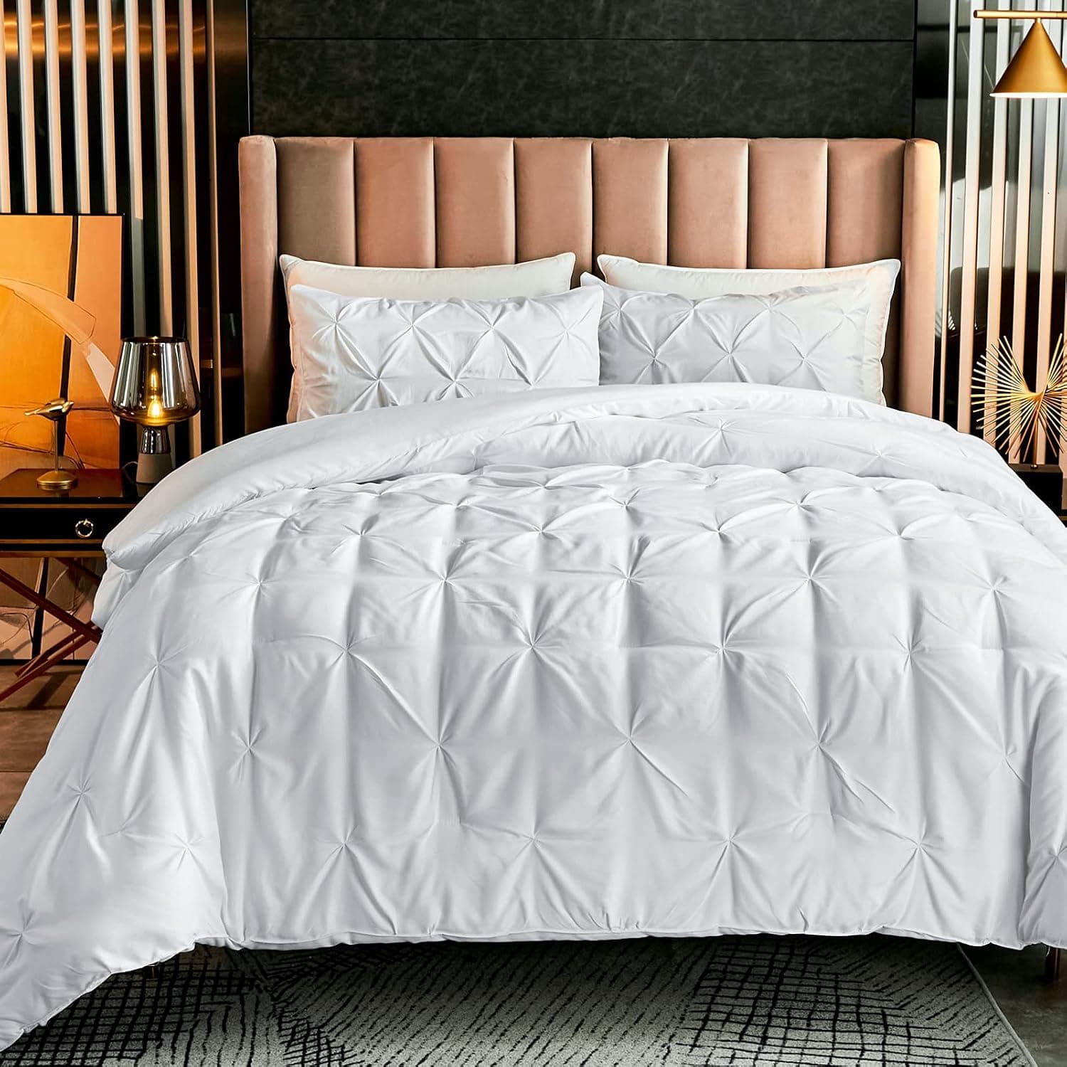 AIKASY Pinch Pleated White Comforter Set Twin Size Bed, 3 Piece Pintuck Bedding Sets with 2 Pillowcases - Luxurious Brushed Microfiber - Down Comforter Sets - Soft and Comfortable (White,Twin)