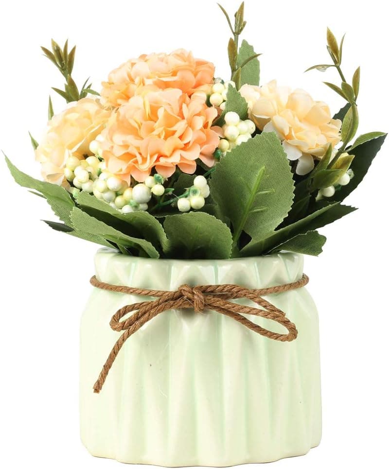 SUPNIU Artificial Hydrangea Bouquet with Small Ceramic Vase Fake Silk Variety Flower Balls Flowers Decoration for Table Home Party Office Wedding (Green)