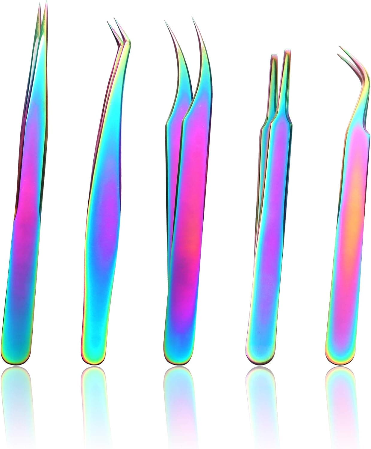 Allstarry 5pcs Rainbow Tweezers Kit Stainless Steel Rainbow Professional Tools Curved and Straight pointed Precision Tweezers Set for Eyelash Extension Nail Art Facial Hair Eyebrows Craft Work