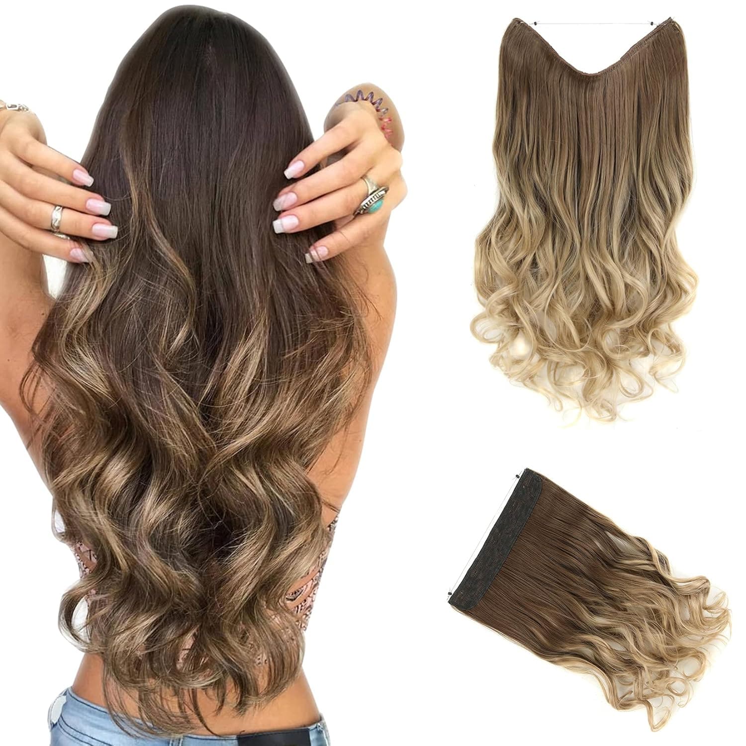 ELAINE 24" Wire Hair Extensions Adjustable Headband Synthetic 4.95 Oz Wavy Curly Invisible Transparent No Clip Long Hair Piece for Women (Medium Golden Brown Ombre Light Ash Brown -#251, 24 Inch)