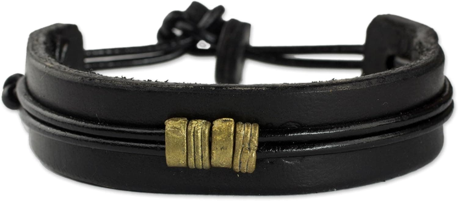 NOVICA Black Leather Men's Wristband Bracelet with Brass Inserts, 8.5", Stand Together in Black'