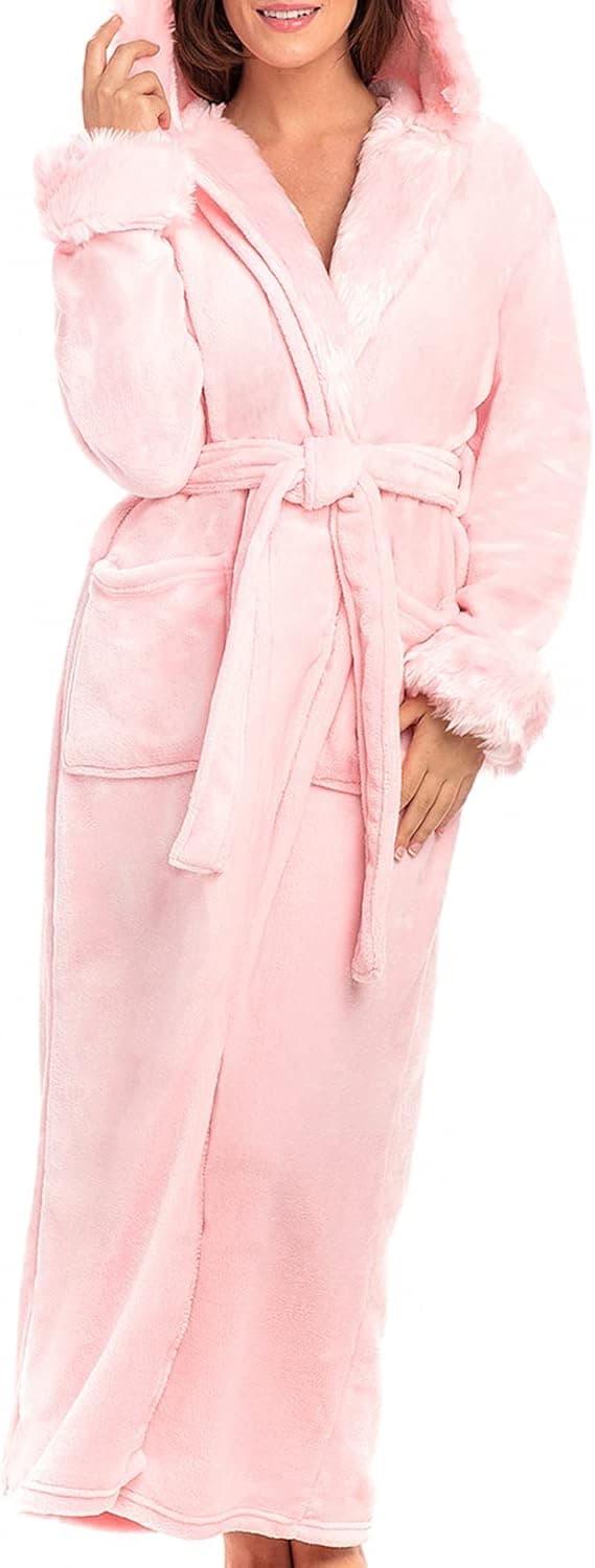 Alexander Del Rossa Women's Faux Fur Feather Hooded Robe, Soft Plush Fleece Bathrobe with Hood