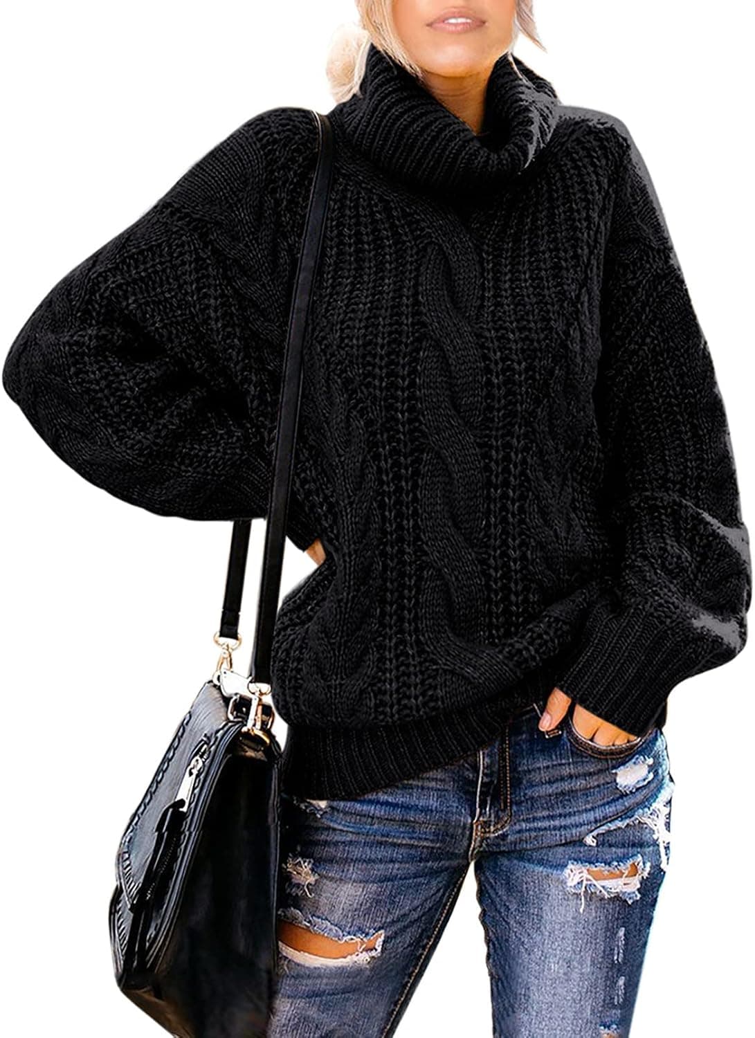 Chase Secret Womens Turtle Cowl Neck Solid Color Soft Comfy Cable Knit Pullover Sweaters S-2XL