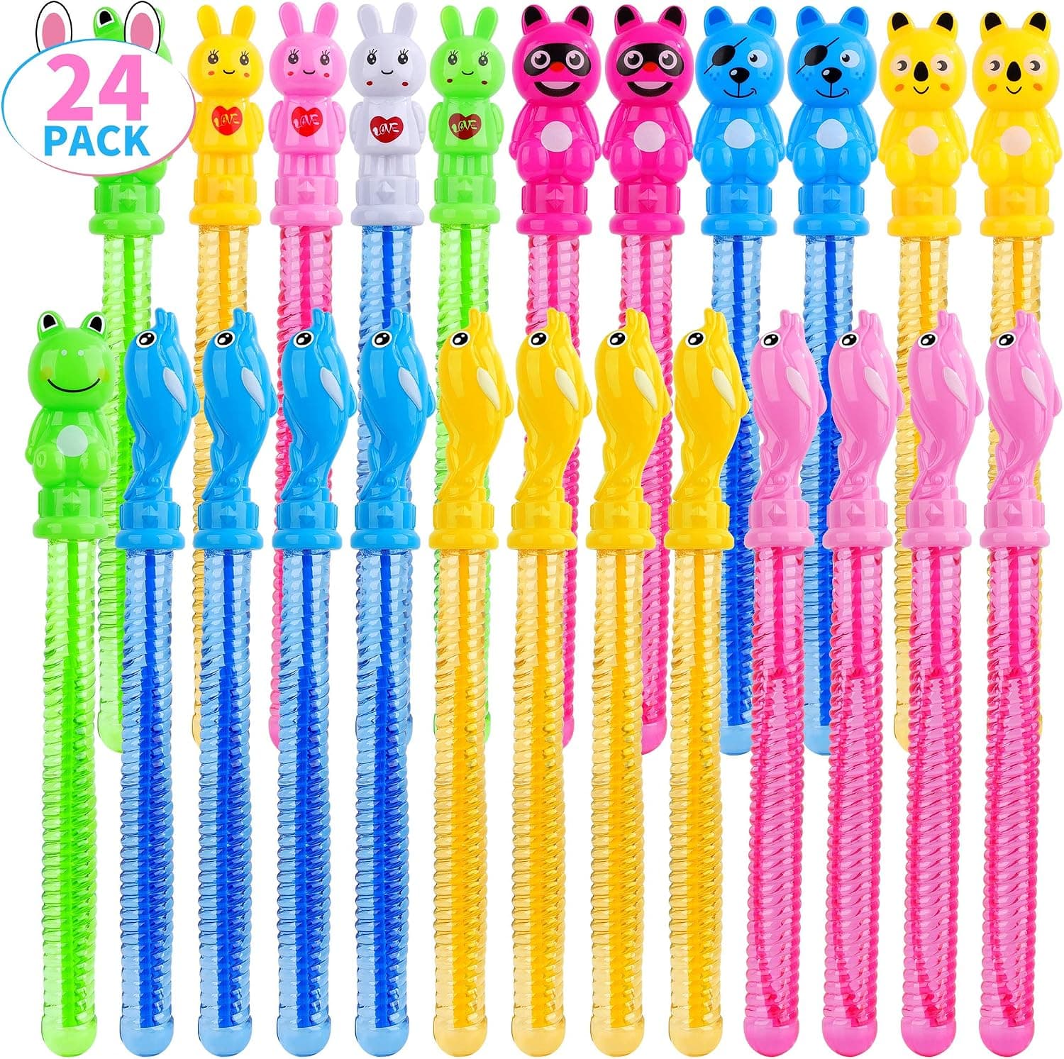 FiGoal 24 Pack Animal Bubble Wands 14 Inches Dolphin Bunny Bear Frog Bubble Wands for Kids Parties Wedding Baby Showers Summer Water Parties Outdoor Water Activities