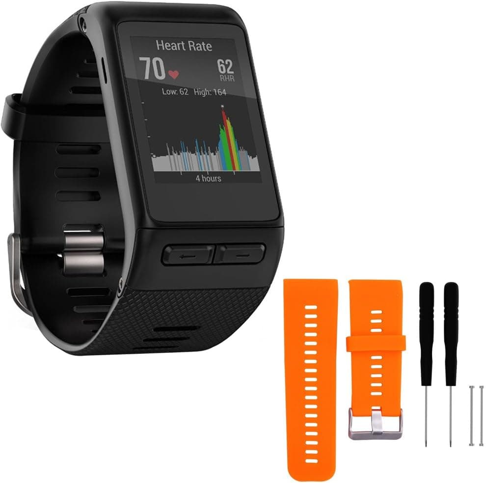 Garmin vivoactive HR GPS Smartwatch - Regular Fit - Black (010-01605-03) with General Brand Silicone Band Strap + Tools Vivoactive HR Sport Watch (Orange)