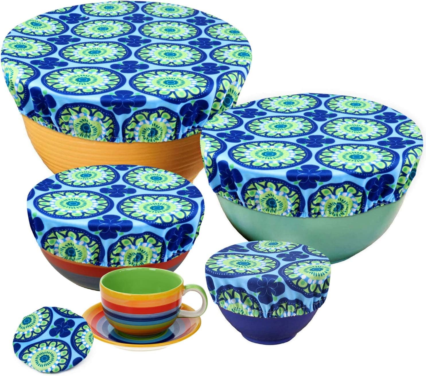 PHOGARY Reusable Bowl Covers with Elastic - Set of 5 Fabric Stretched Bowl Cover Lids, Lint Free, Waterproof, Fits 3-14inch Jar Glass Container Dish Pot, Non-Stick Storage Covers (Blue Flower)