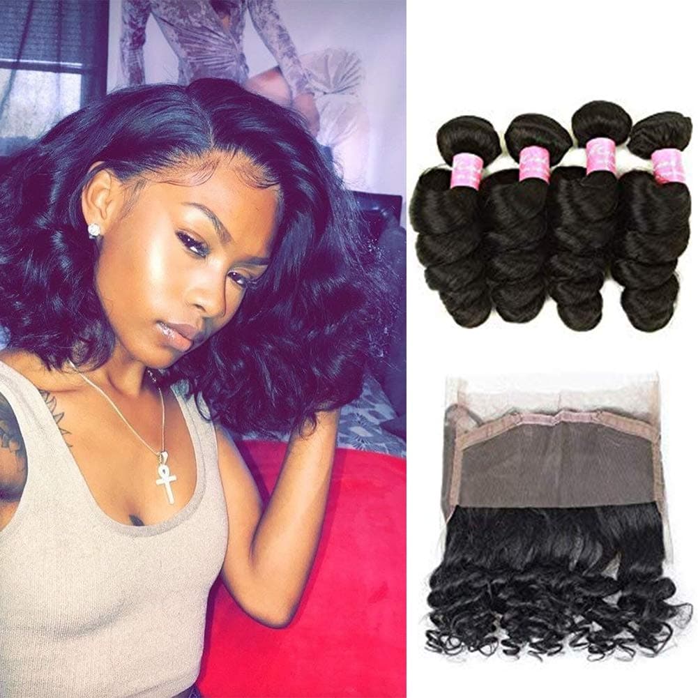Mink Hair Loose Wave with 360 Frontal (8 10 12+10) 8A Grade Brazilian Loose Wave Bundles Virgin Human Hair Extensions with 360 Free Part Lace Frontal Closure Natural Color