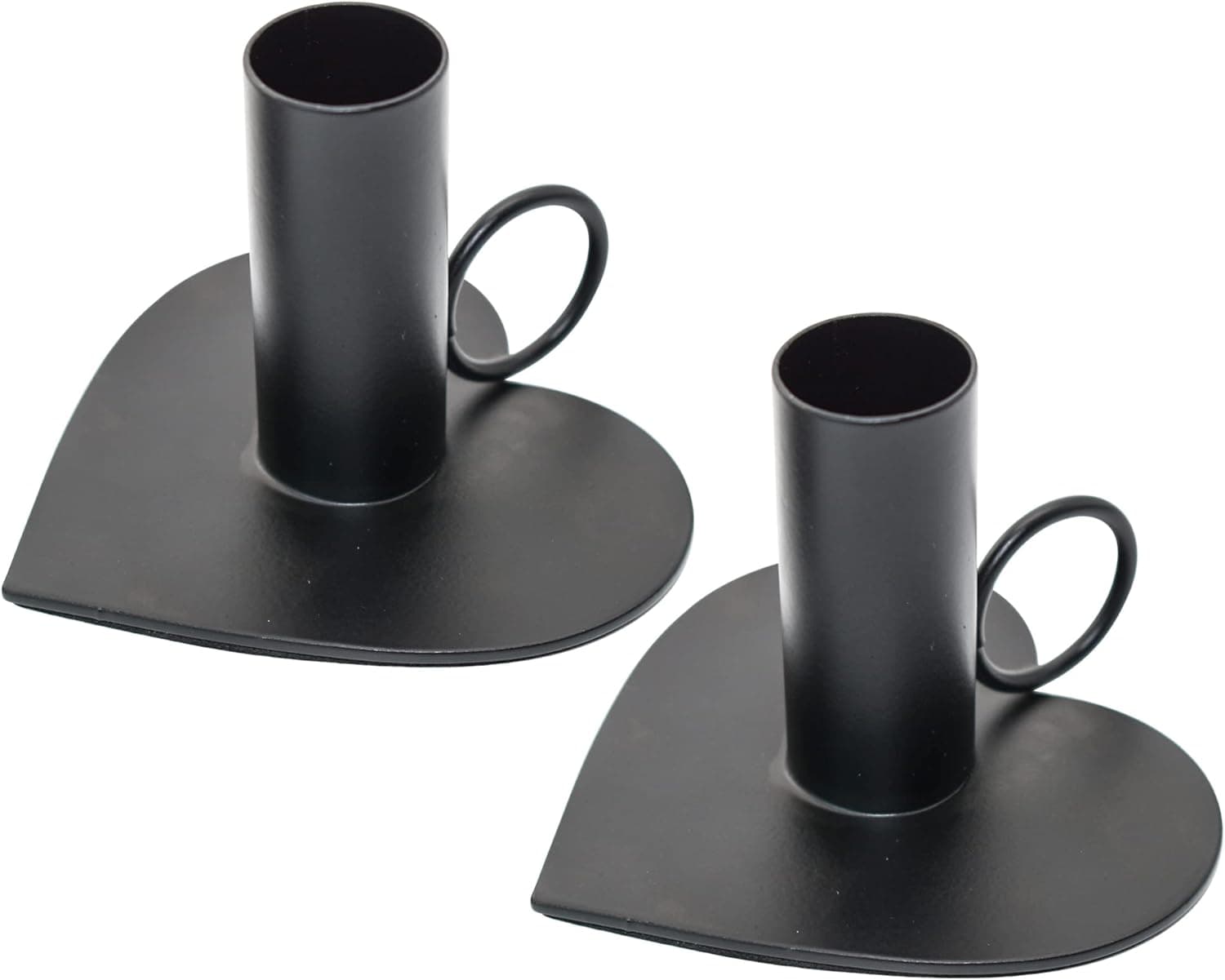 MrMrKura Matte Black Taper Candle Holder Set of 2, Heart Shape Metal Candlestick with Handle for Birthday, Weddings Party, 2.5 Inches High