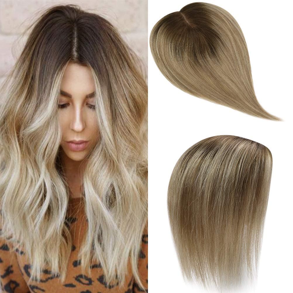 YoungSee 12inch Topper Clip in/on Human Hair Ombre Darker Brown Fading to Light Brown with Medium Blonde Dip Dyed Invisible Crown Topper Hair Extensions 5x5inch