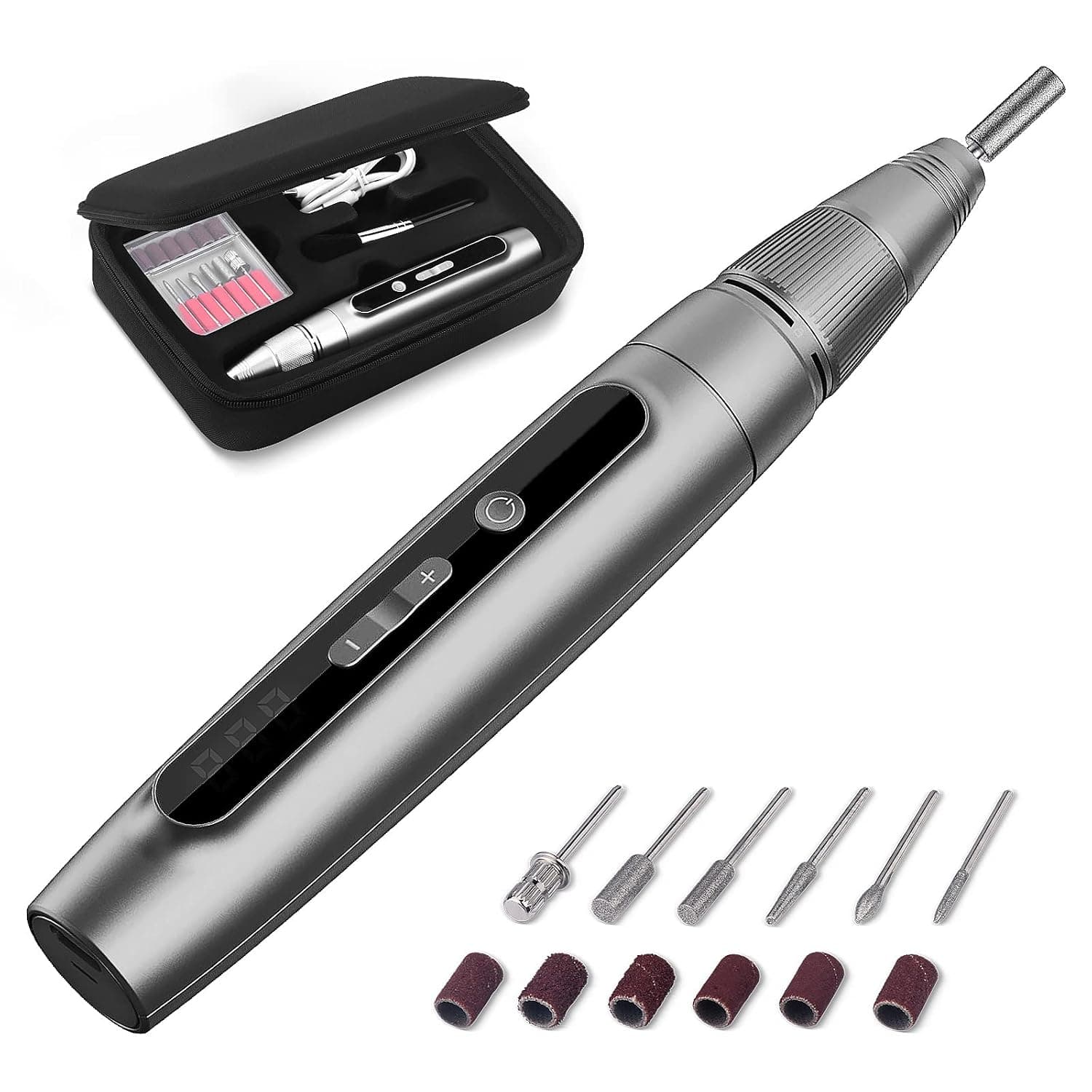 Wireless Nail Drill Kit Grey, Electric Nail Drill Machine, Rechargeable 30000RPM Adjustable E-File for Natural,Acrylic, Gel Nails, Salon Home