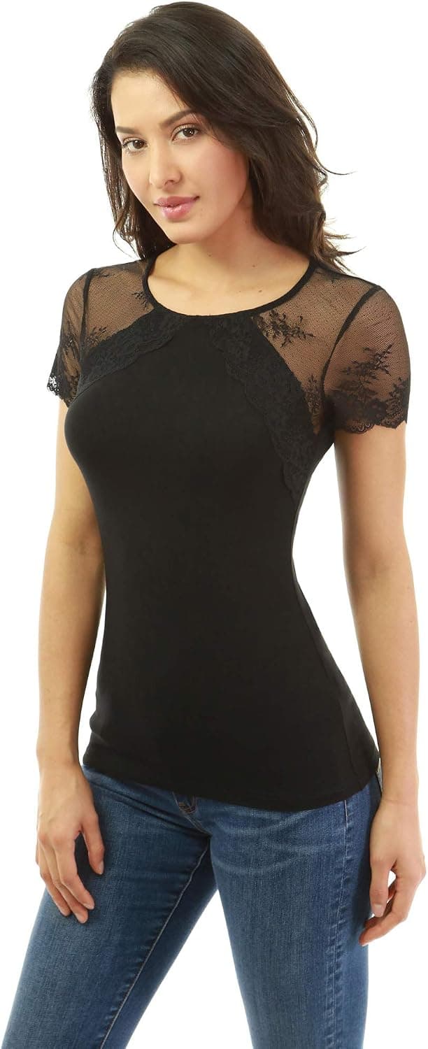 PattyBoutik Women Crewneck Lace Short Sleeve Blouse (Black X-Small)