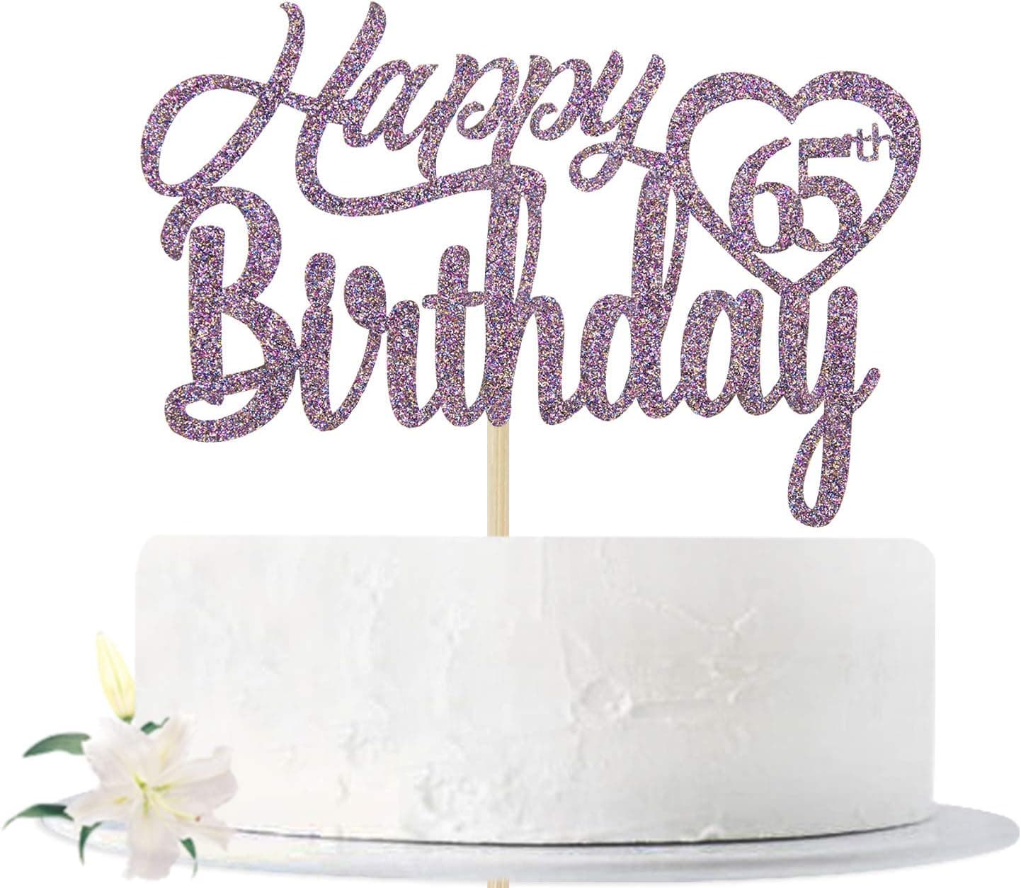 Purple Glitter Happy 65th Birthday Cake Topper, Hello 65, Cheers to 65 Years Old, 65 Years Old Party Supplies Decoration