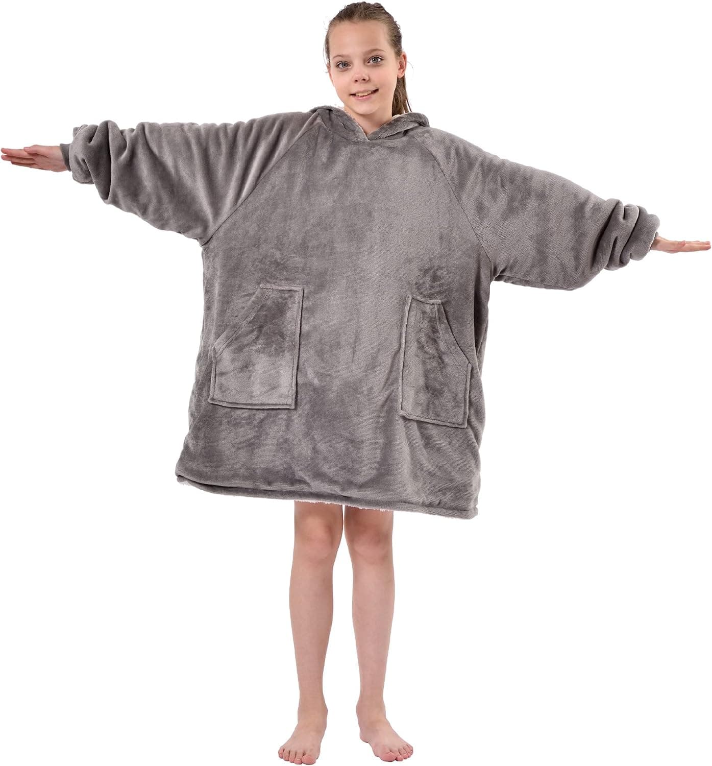 SOCHOW Wearable Blanket Hoodie for Kids, Soft Warm Sherpa Blanket Sweatshirt with Pockets and Elasticc Sleeve, Grey Fits 6-9 YR