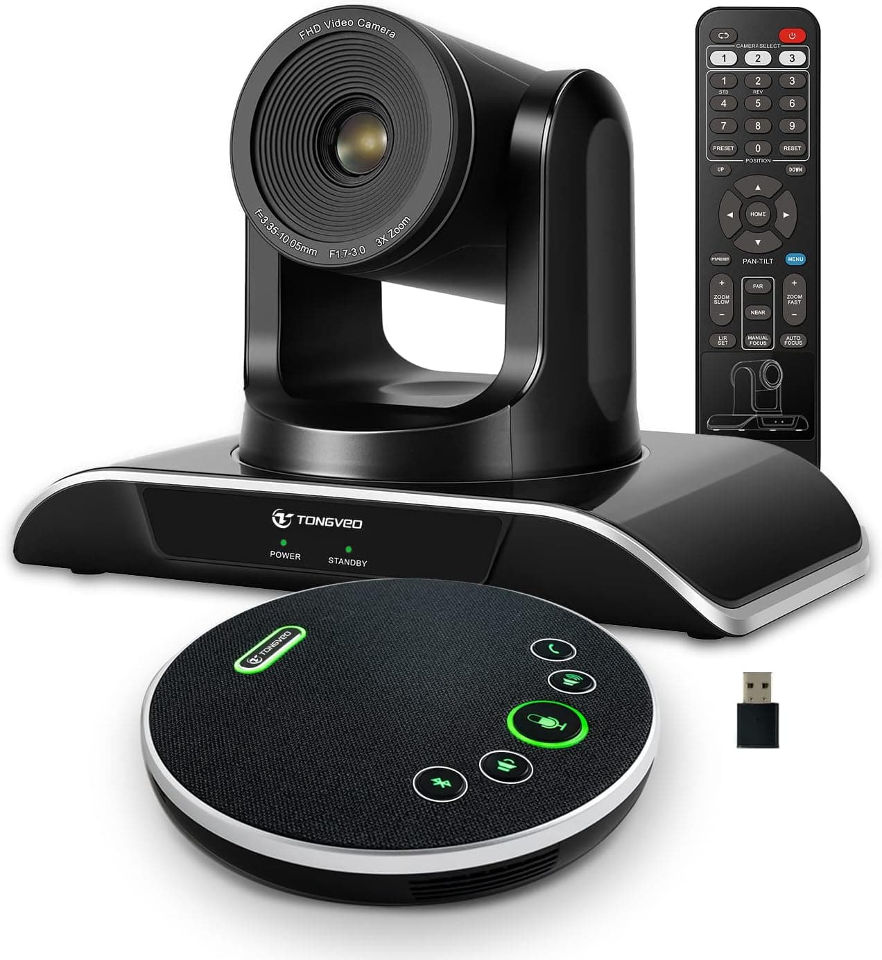 TONGVEO All-in-One Conference Room Camera System, Video Conferencing System Bundle HD 1080P 3X Optical Zoom PTZ Camera and Bluetooth Conference Speakerphone with Microphones