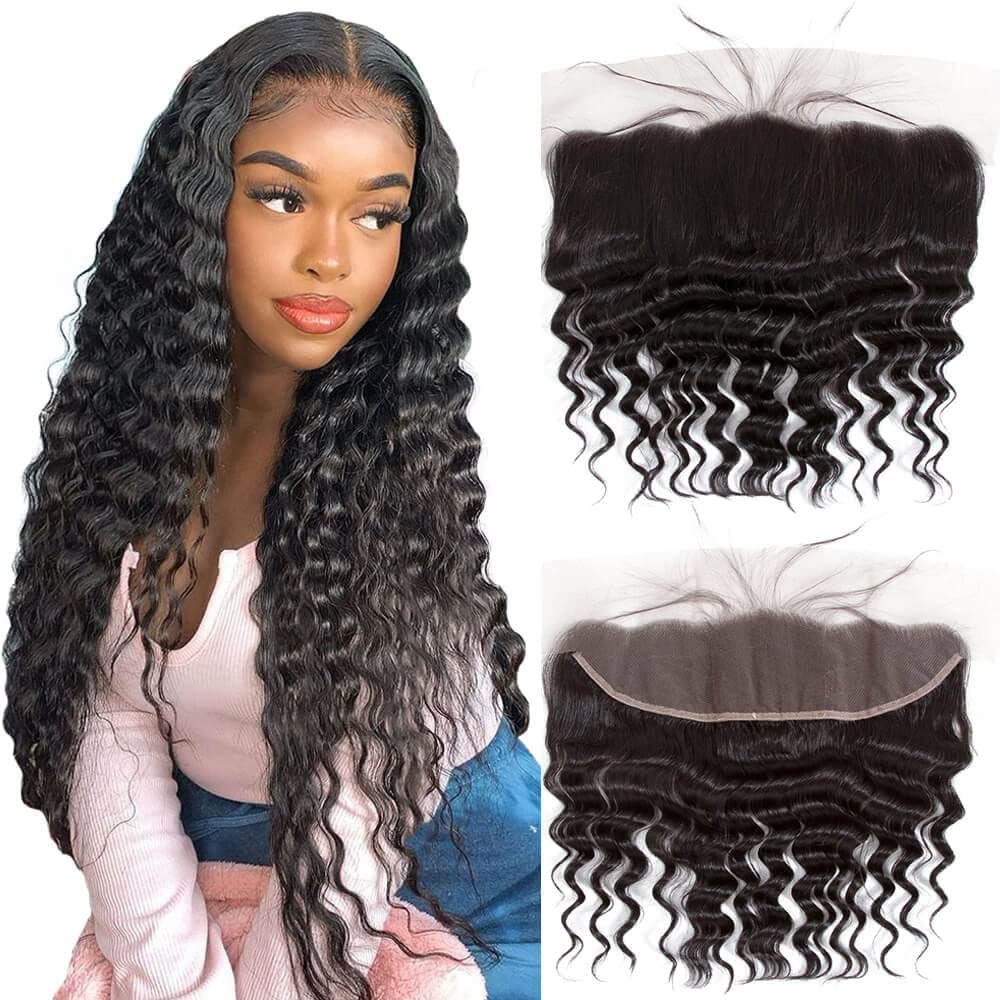 QTHAIR 12A Ear To Ear 13x4 Loose Deep Wave Frontal Closure Peruvian Hair(12",Natural Black) Peruvian Loose Deep Wave Frontal Closure Top Swiss Lace Frontal Closure With Baby Hair