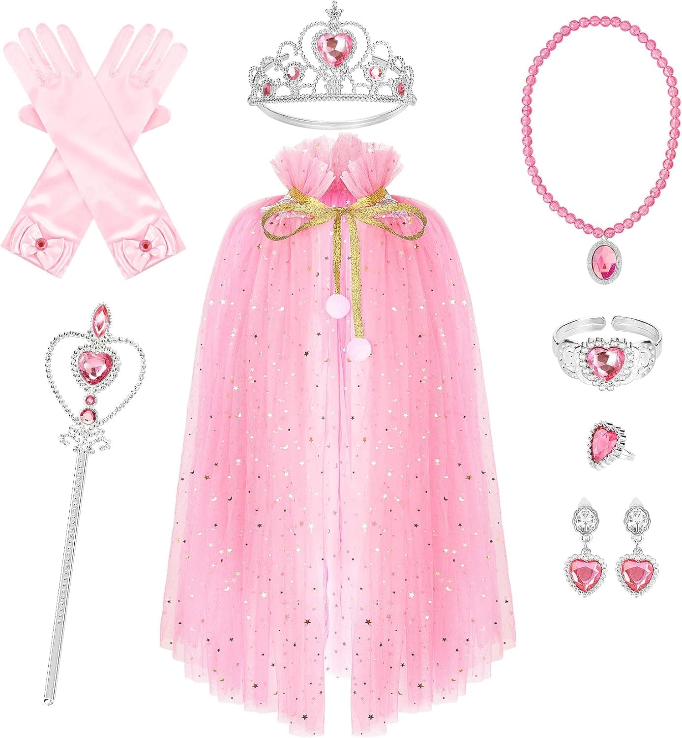 Hapgo 10 Pieces Princess Cape Set Dress up Clothes for Little Girls Party Cosplay Cloak with Jewelry Tiara Crown Wand Gloves