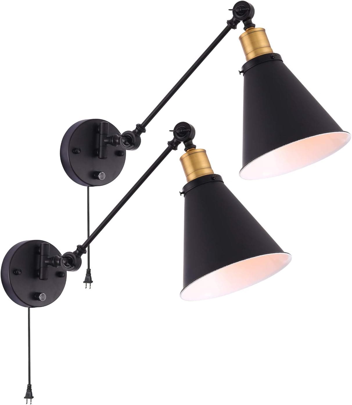 Larkar Dimmable Wall Lamp Industrial Plug in Wall Sconces Lamp, Vintage Style Swing Arm Wall Lamp with On/Off Switch Metal Black Wall Mounted Light Fixture for Indoor Bedroom-Set of 2