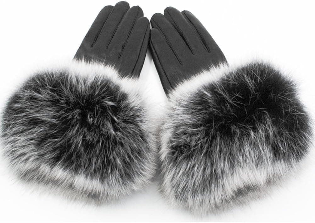 Yosang Women Genuine Lambskin Leather Winter Lined Gloves with Fox Fur Trim