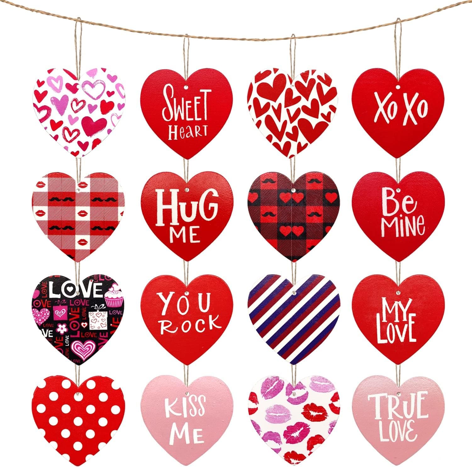 40 Pieces Valentine's Day Wood Heart Shaped Ornaments Double-Sided Printed Wooden Heart Shaped Signs Hanging Heart Tags for Valentine's Day Wedding Party Decoration