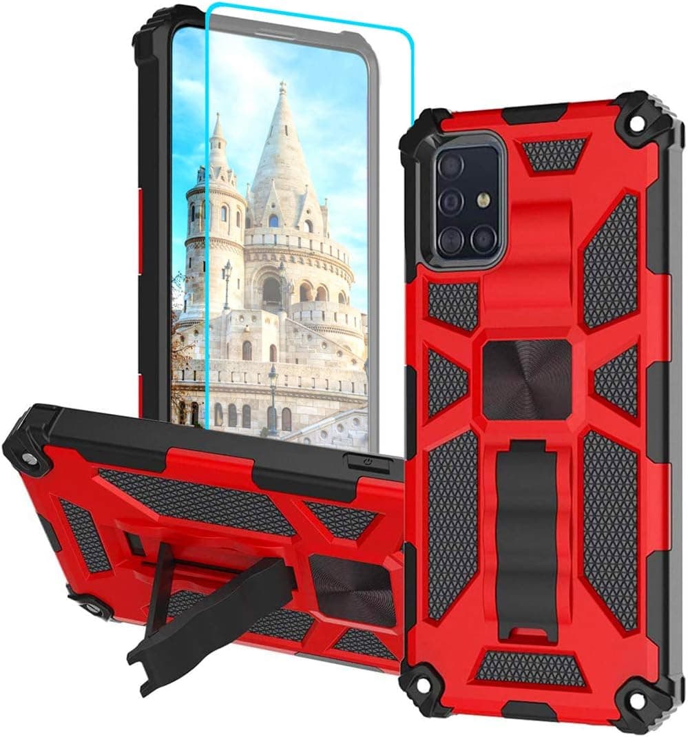 N / A Case for Samsung Galaxy A31 with Tempered Glass Screen Protector Built in Kickstand | Military Grade | 15ft. Drop Tested Protective Case | Heavy-Duty for Galaxy A31 (Red)