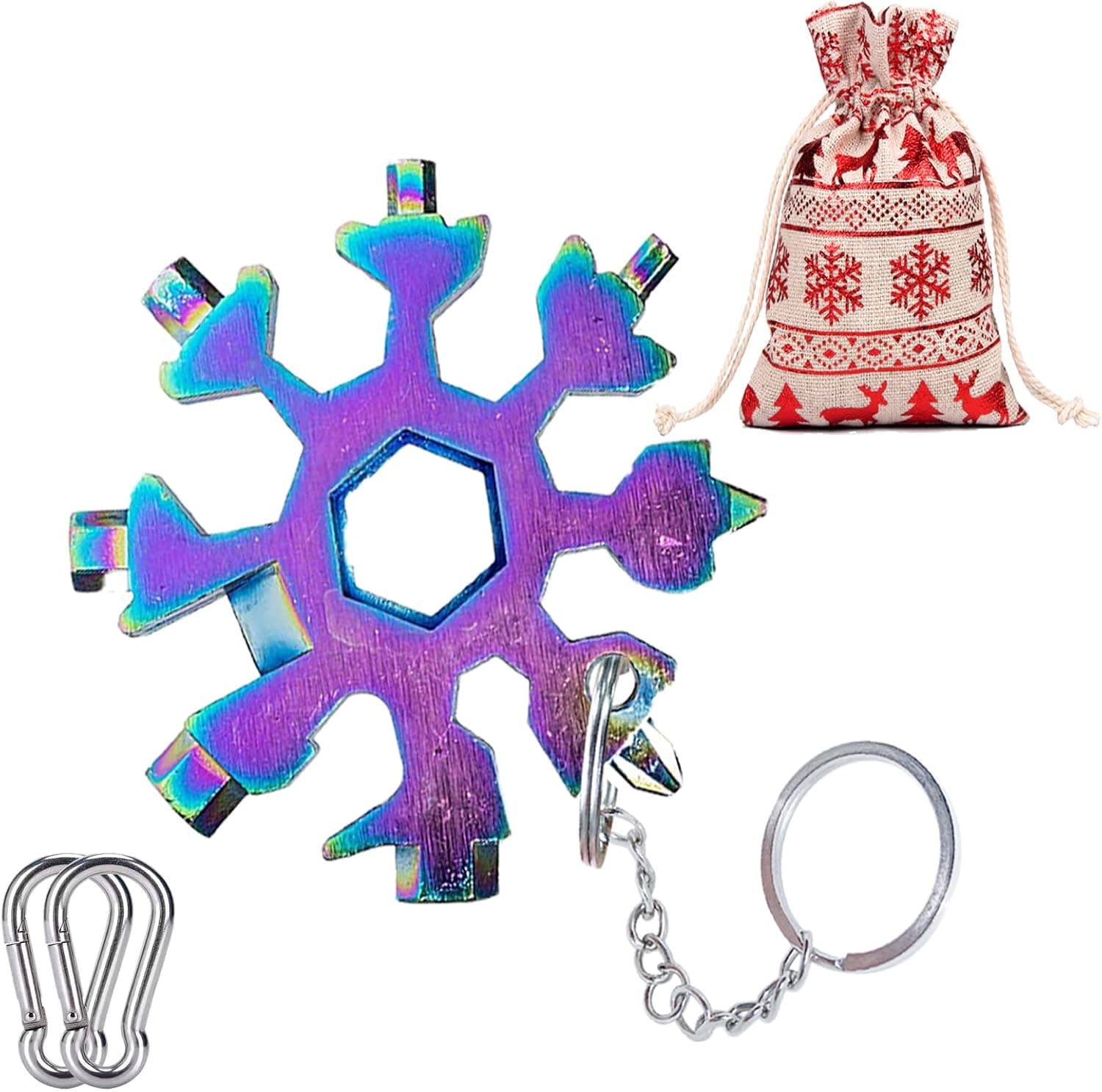 18-in-1 Snowflake Multi-Tool Stainless Steel Wrench Pocket Snowflake Tool Screwdriver Kit Bottle Opener with Carabiner for Outdoor Travel Camping Adventure Daily Tool Gifts for Men(1 PACK Colorful)