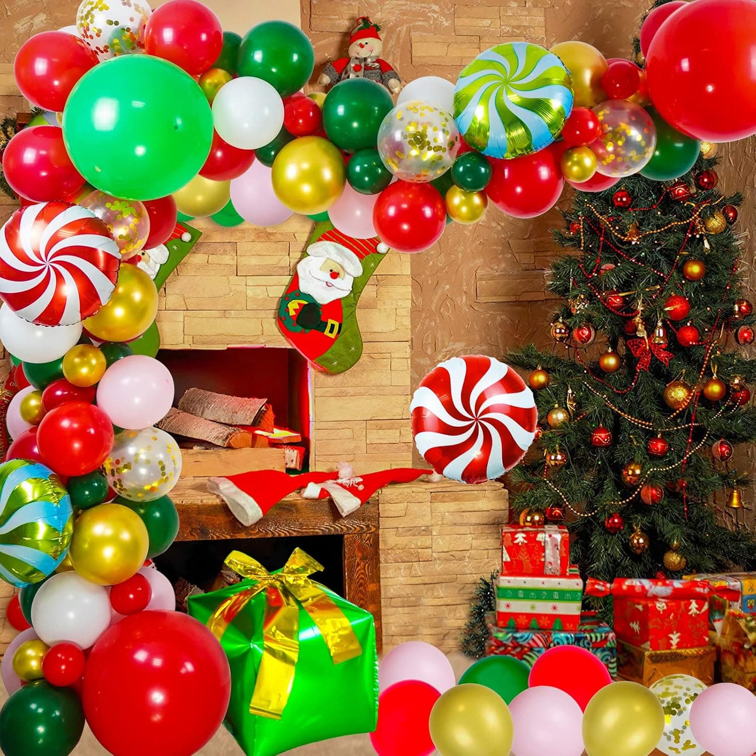 Christmas Balloon Garland Arch Kit, Xmas Balloon Decorations with 5" 12" 18" Red White Green Gold Balloons 18" 24" Candy Gift Box Balloons for Christmas Party Decorations Xmas New Year Party Supplies