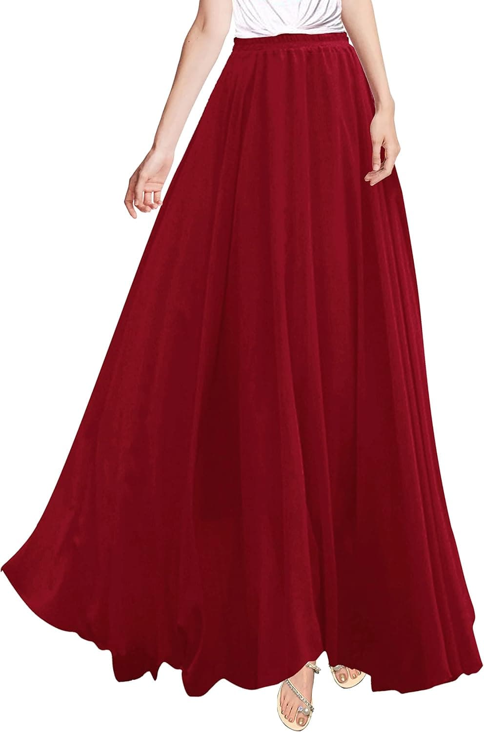 v28 Women Full/Ankle Length Elastic Pleated Retro Maxi Chiffon Long Skirt