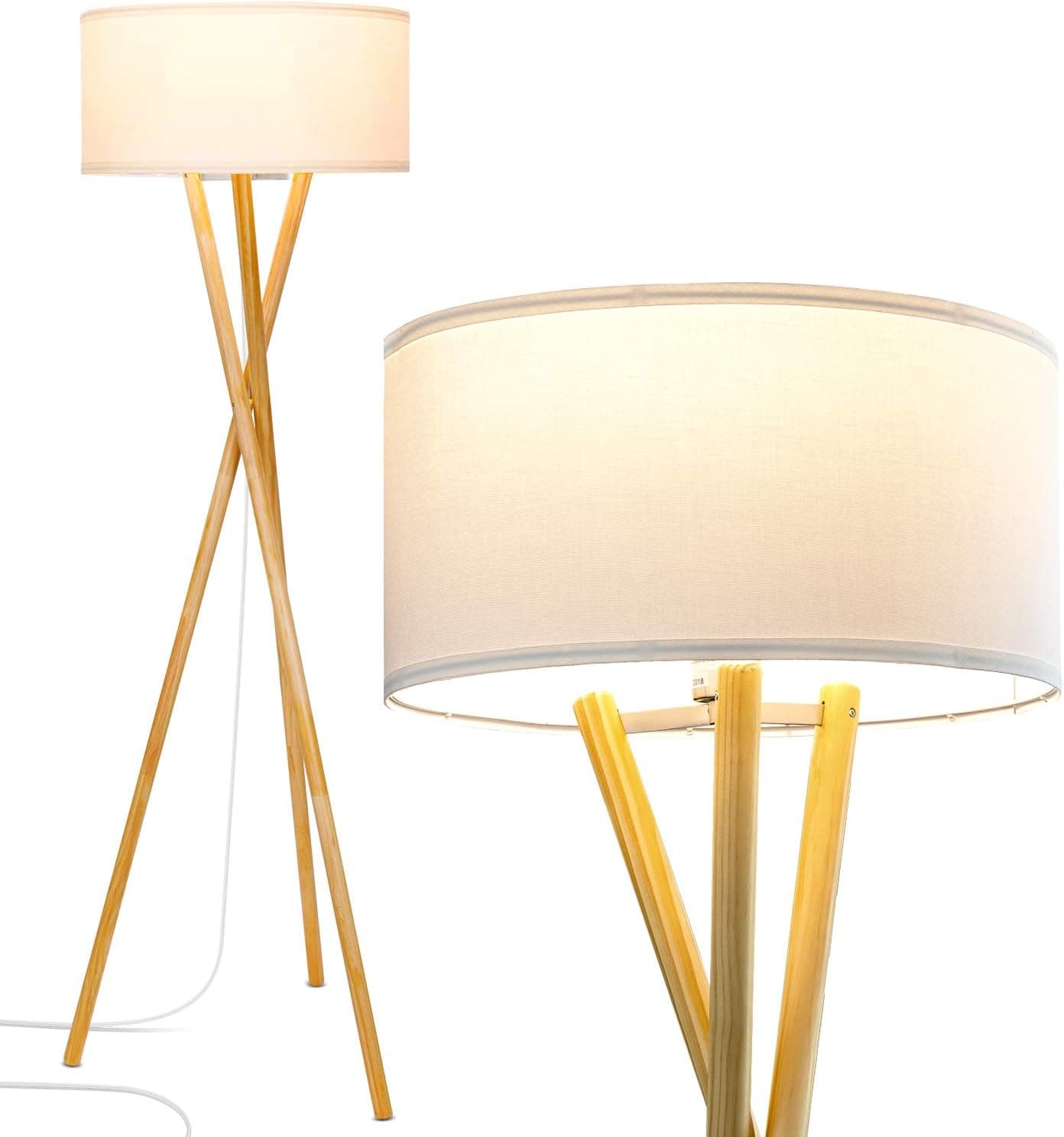 Brightech Harper LED Tripod Floor Lamp – Wood, Mid Century Modern Light for Contemporary Living Rooms - Tall Standing, Rustic Lamp for Bedroom, Office, Kids Room