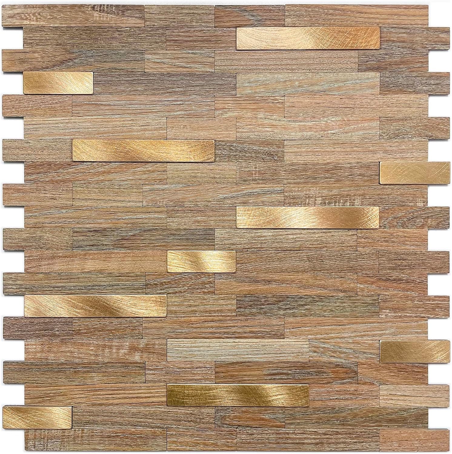 HomeyMosaic Peel and Stick Backsplash Tile Subway Metal Tiles Stick on Kitchen Bathroom Fireplace 3D Relief Distressed Wood Marble Wall Panel in Beige Gold,10-Sheets