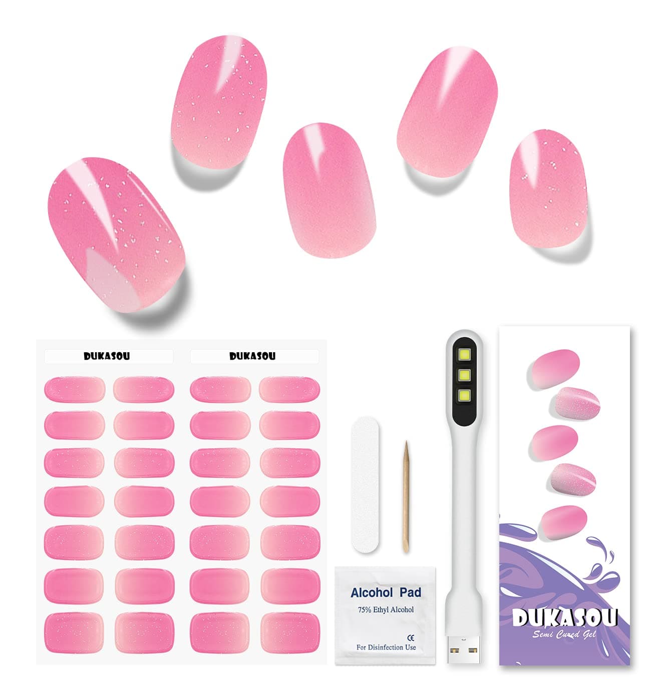 DUKASOU Semi Cured Gel Nail Strips, 28pcs Real Nail Polish Art Stickers/Wraps with UV/LED Light, Includes Prep Pads, Nail File & Wood Stick, Sticker Nails for Women Girls Kids Diy Decorations Birthday Party Favor Gifts（Pink Purple)