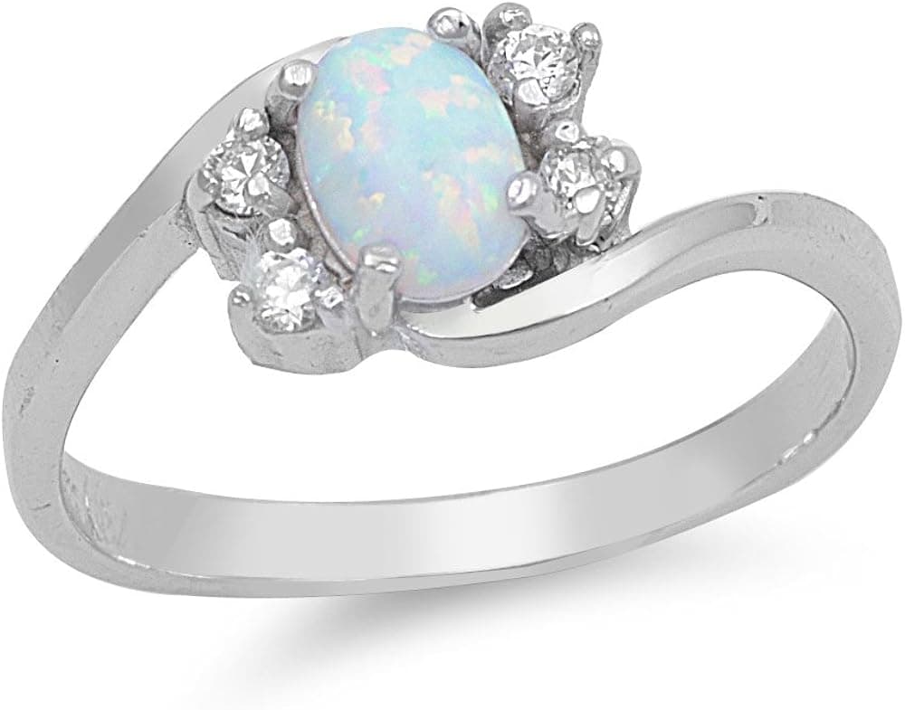Sterling Silver Oval Created White Opal Ring (Size 5 - 10) - Size 10