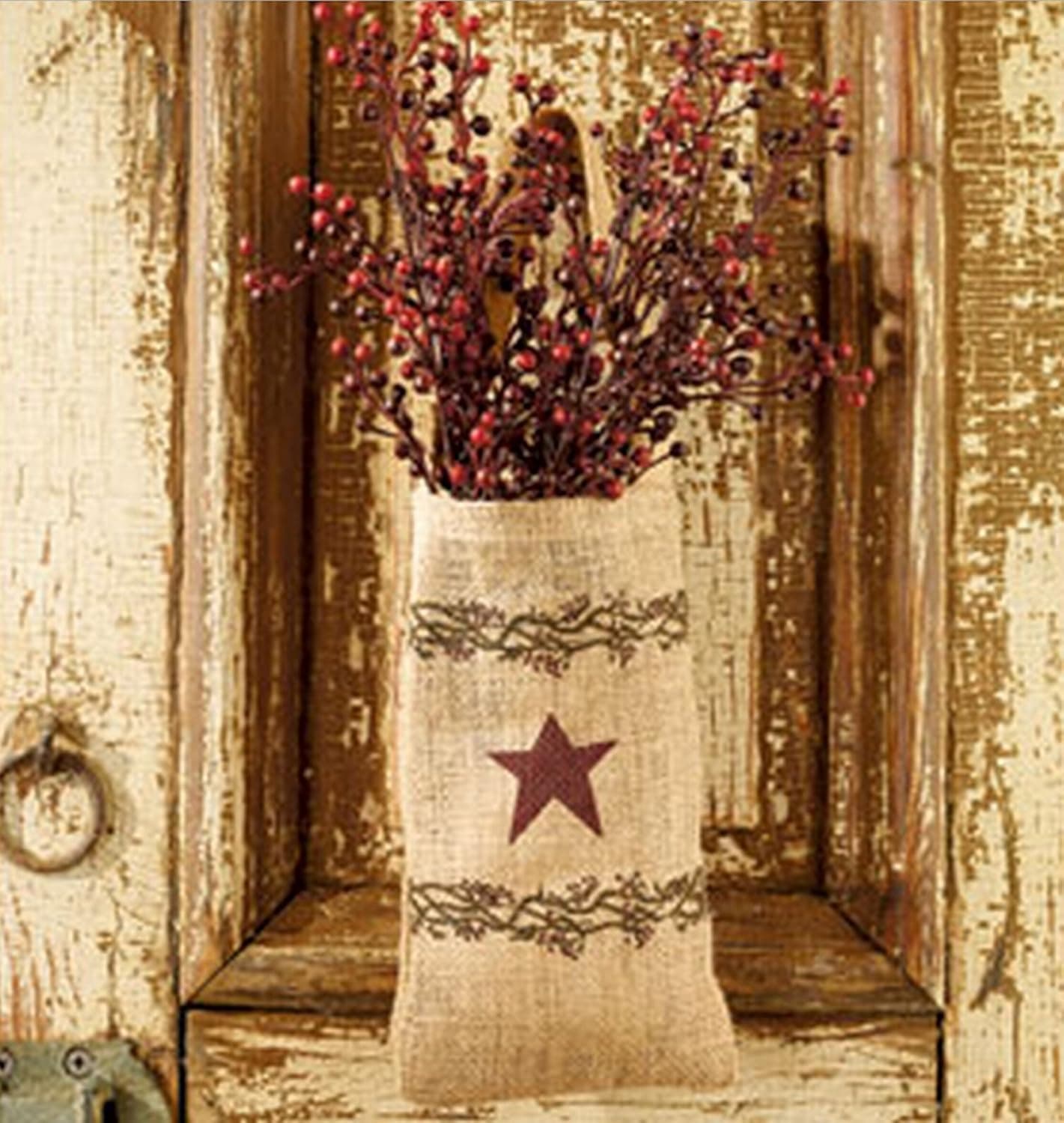 Vintage Hanging Burlap Bag - Vintage Berries and Burgundy Star (4-in x 7-in)