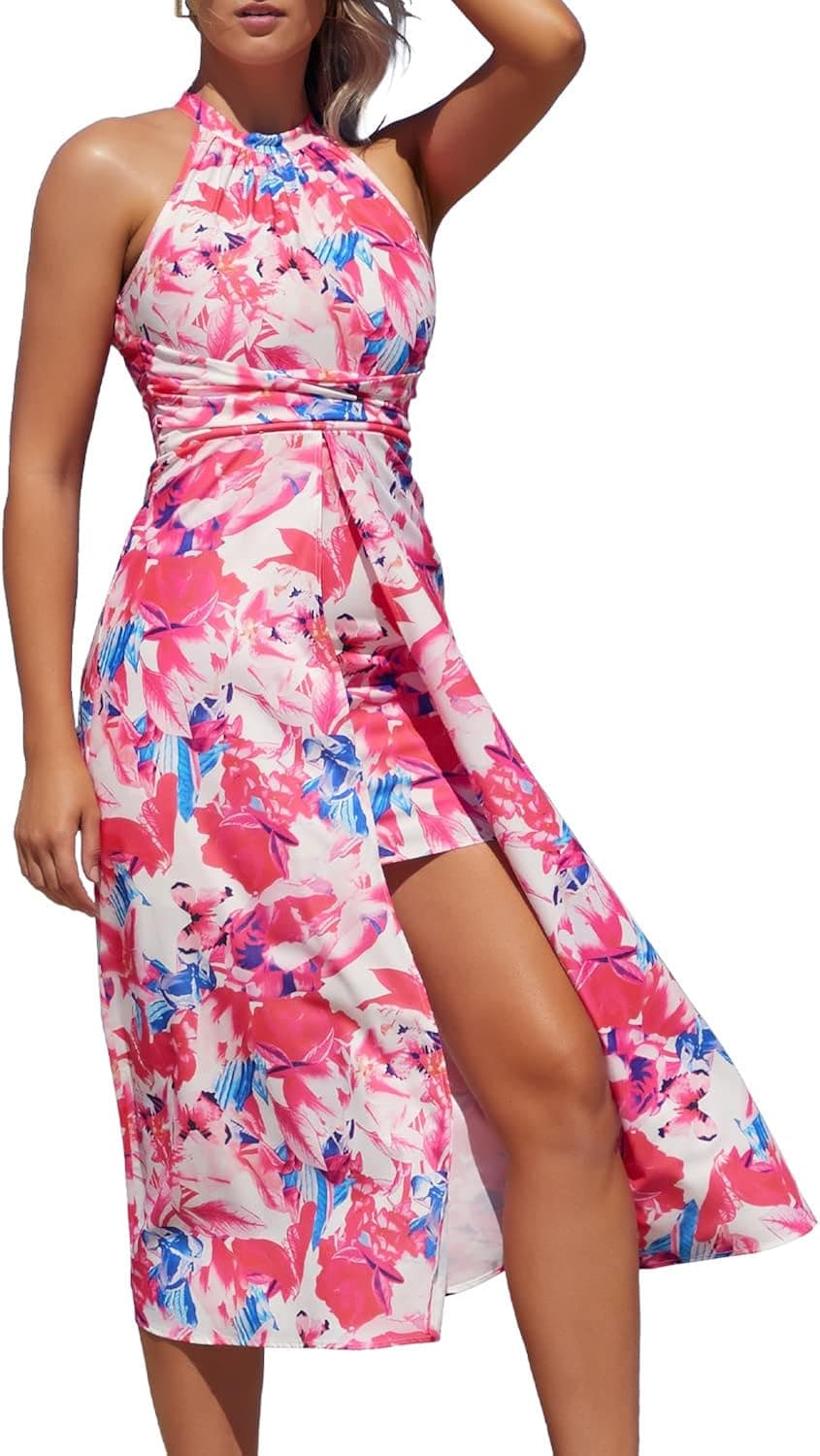 SouqFone Women's Summer High Low Maxi Dress Vintage Halter Floral Printed Open Back Boho Cocktail Party Dresses with Zipper