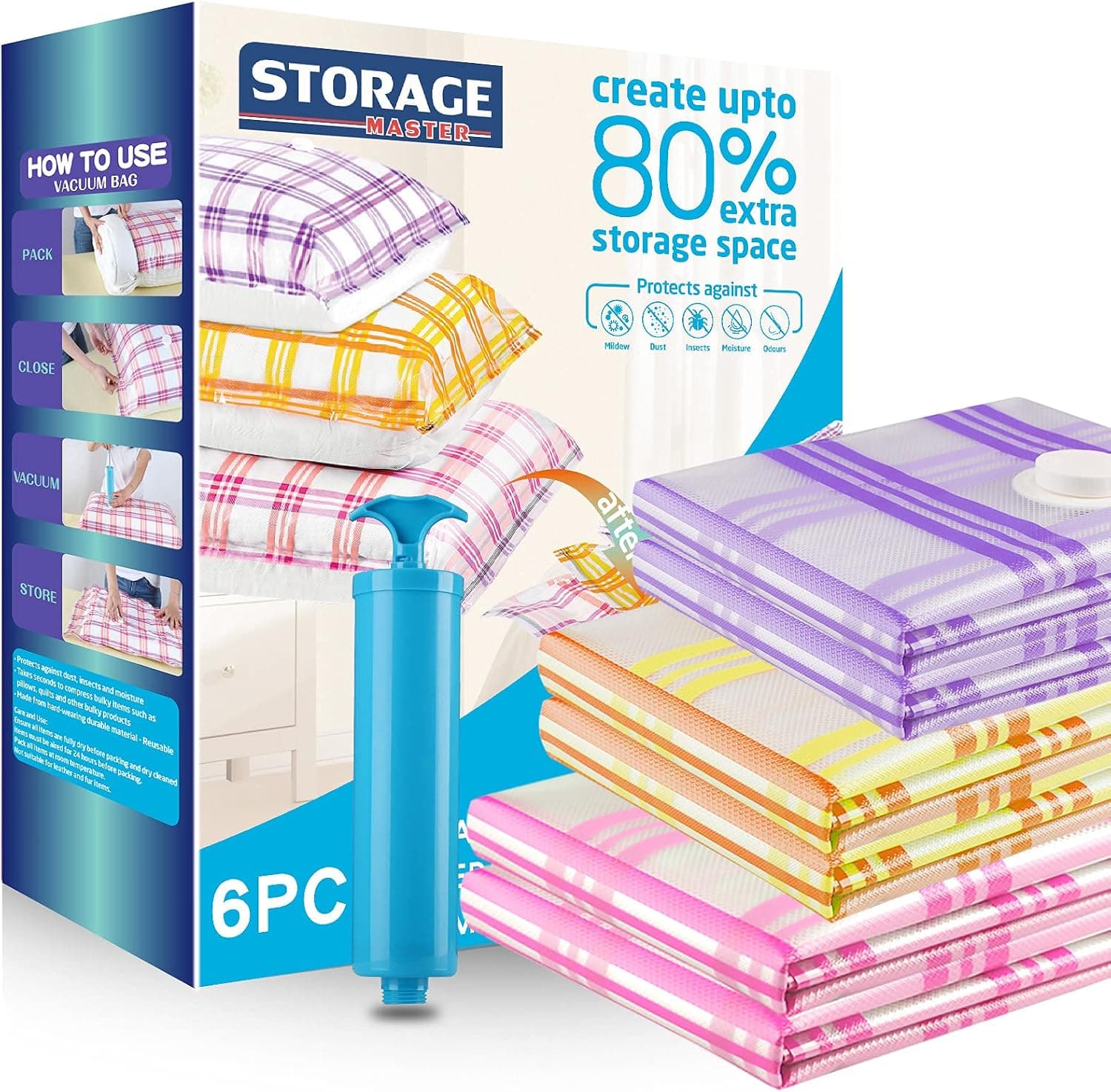 Storage Master 6-Pack Vacuum Storage Bags, Space Saver Bags 80% More Storage Space Work with Vacuum Cleaner + Travel Hand Pump (6-Combo(2L+2M+2S))