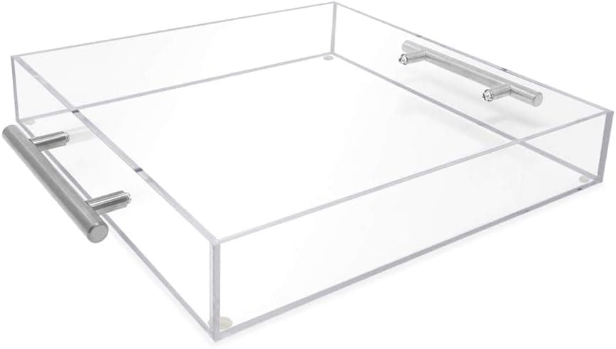 Isaac Jacobs Clear Acrylic Serving Tray (12x12) with Silver Metal Handles, Spill-Proof, Stackable Organizer, Food & Drinks Server, Indoors/Outdoors, Lucite Storage (12x12, Clear with Silver Handle)