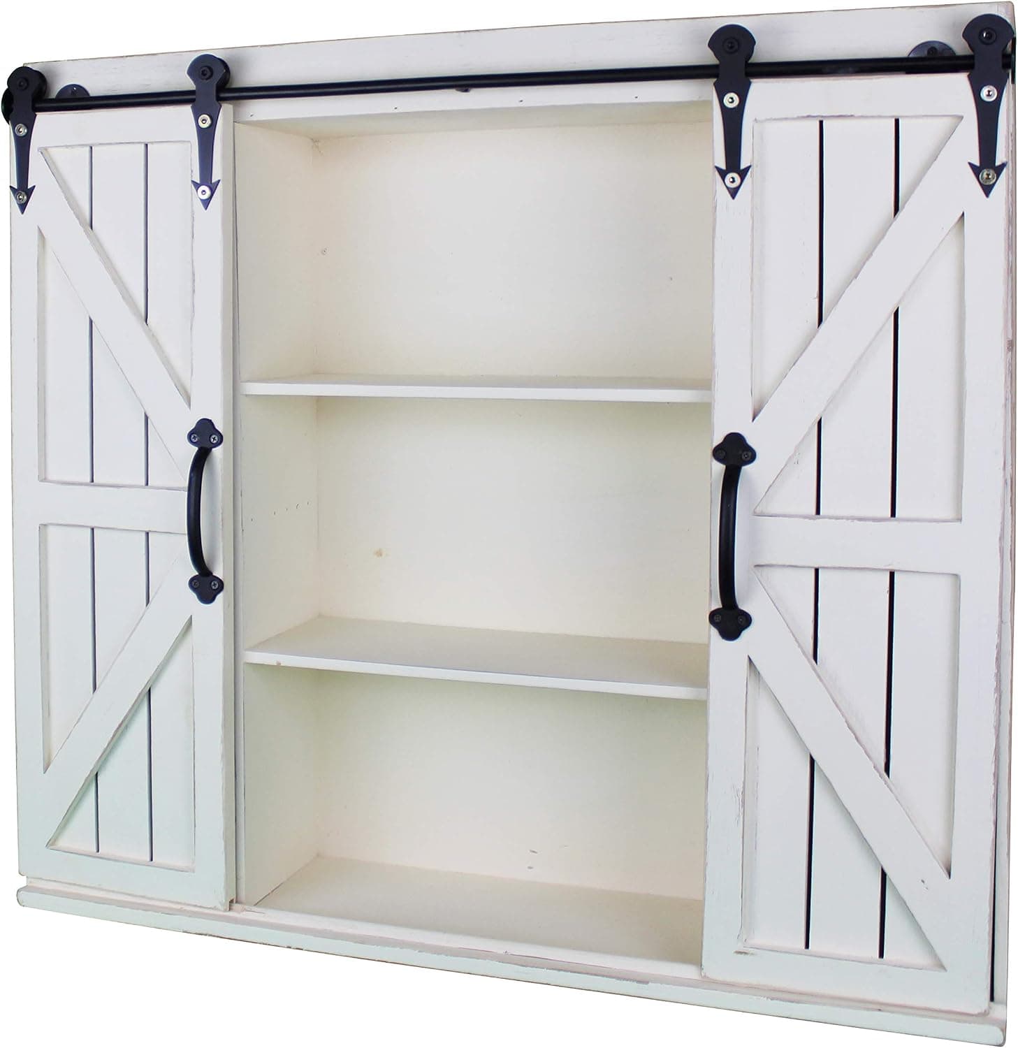 Wooden Wall Mount Decorative Rustic Farmhouse Storage Cabinet with Sliding Barn Doors – White Washed