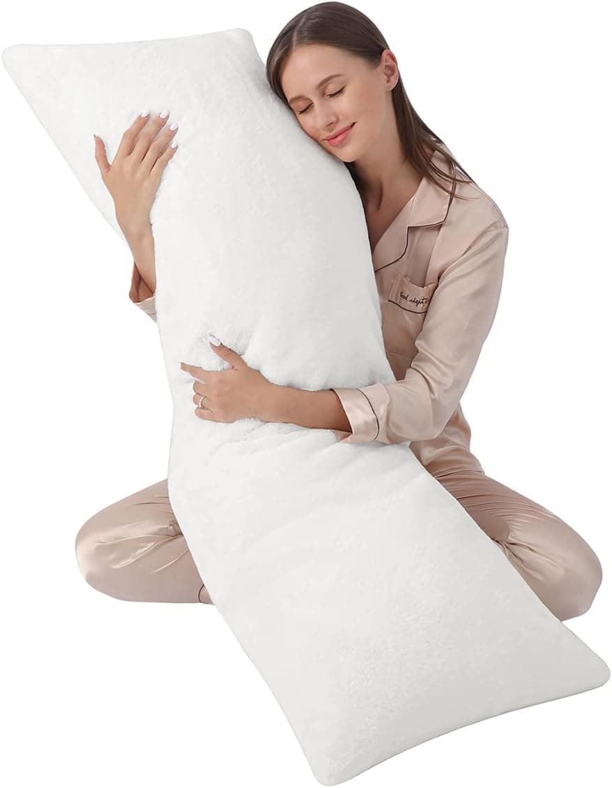linmopm Full Body Pillow for Side Sleeper，20 x 54 Long Pillow for Adults with Soft Elastic Velvet Pillow Insert & Super Soft Plush Faux Fur Removable Cover (White)