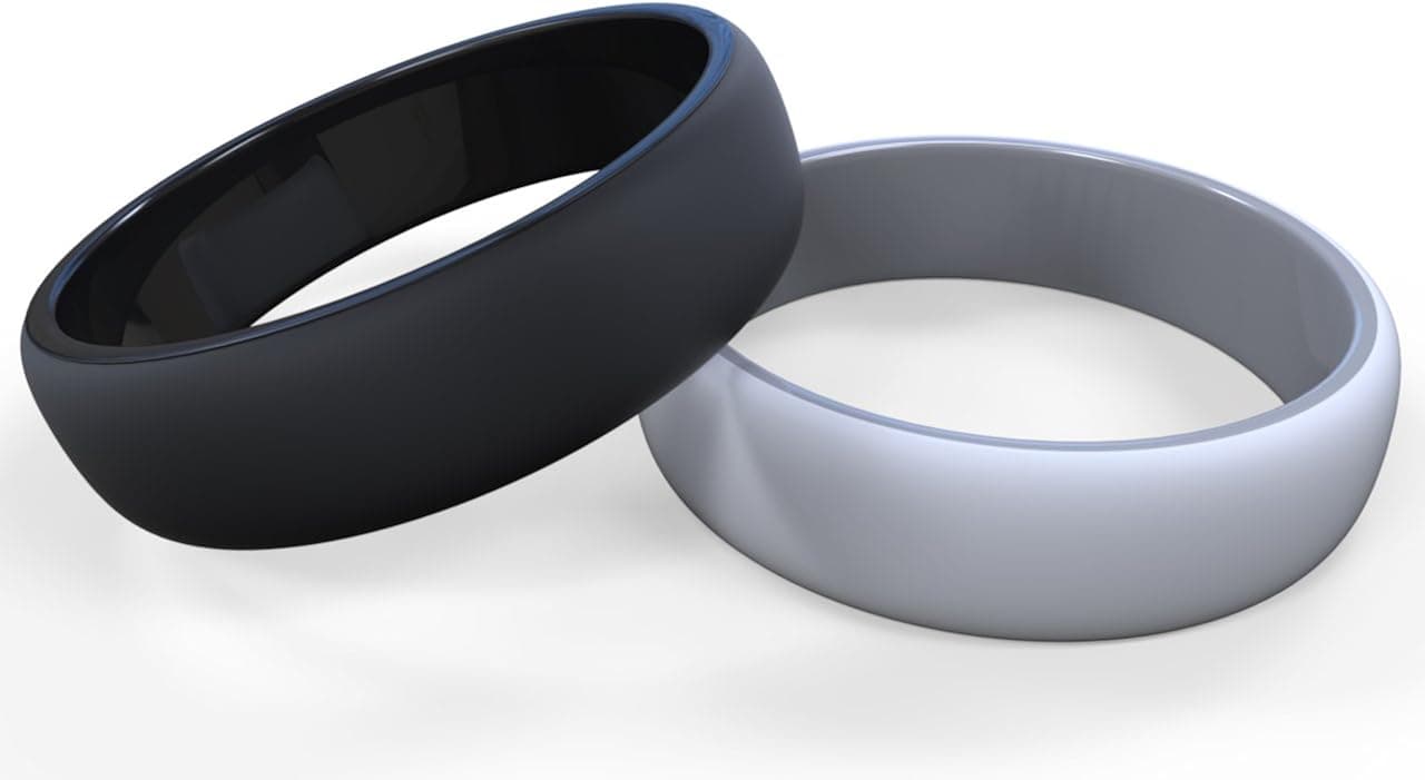 Silicone Wedding Ring Set for Active Men- Black & Grey 2 Piece Set. Best Jewelry Wedding Band-9 mm Black-Non-Allergenic Medical Grade Silicone-Flexible High Performance Sports Ring for Athletic Active Men-Incredibly Lightweight & Loved by All!!