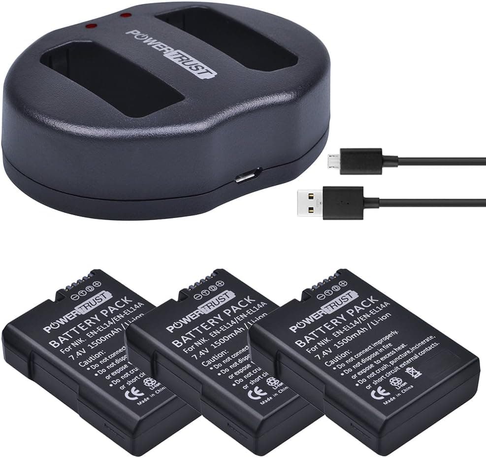 PowerTrust 3-Pack EN-EL14 EN-EL14A Replacement Battery and Dual USB Charger for Nikon D3100, D3200, D3300, D3400, D5100, D5200, D5300, D5500, D5600, DF, Coolpix P7000, P7100, P7700, P7800 DSLR Cameras