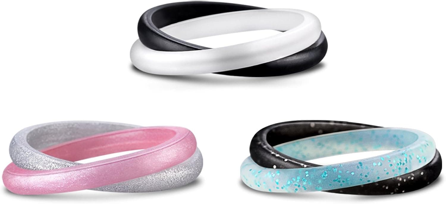 Egnaro Silicone Wedding Rings for Women, Silicone Rubber Wedding Bands-Size 4 to 8-Comfortable fit, (Black&White,Silver&Metallic Pink,Black With Silver Glitters& Turquoise Glitters, 7.5-8(18.1mm))