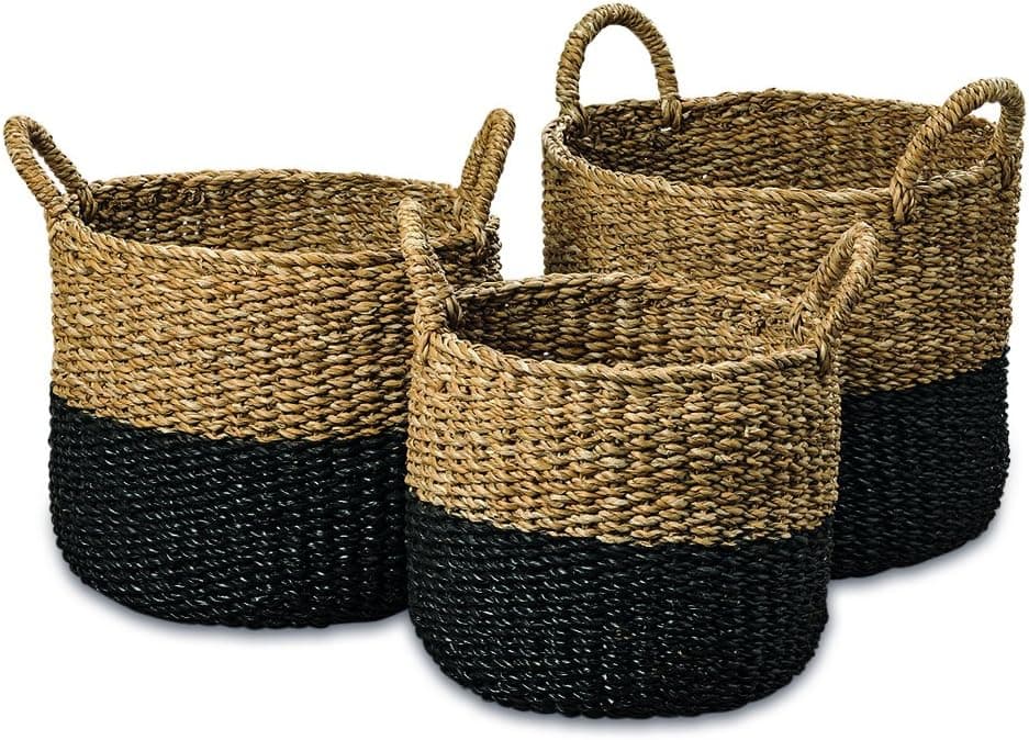 WHW Whole House Worlds Cape Cod Seagrass Baskets, Set of 3, Paint Dipped, Chunky Weave, Nautical Gray, Natural, Barrel Belly, Top Handles, 15.75, 13.75, and 11.75 Inches Tall