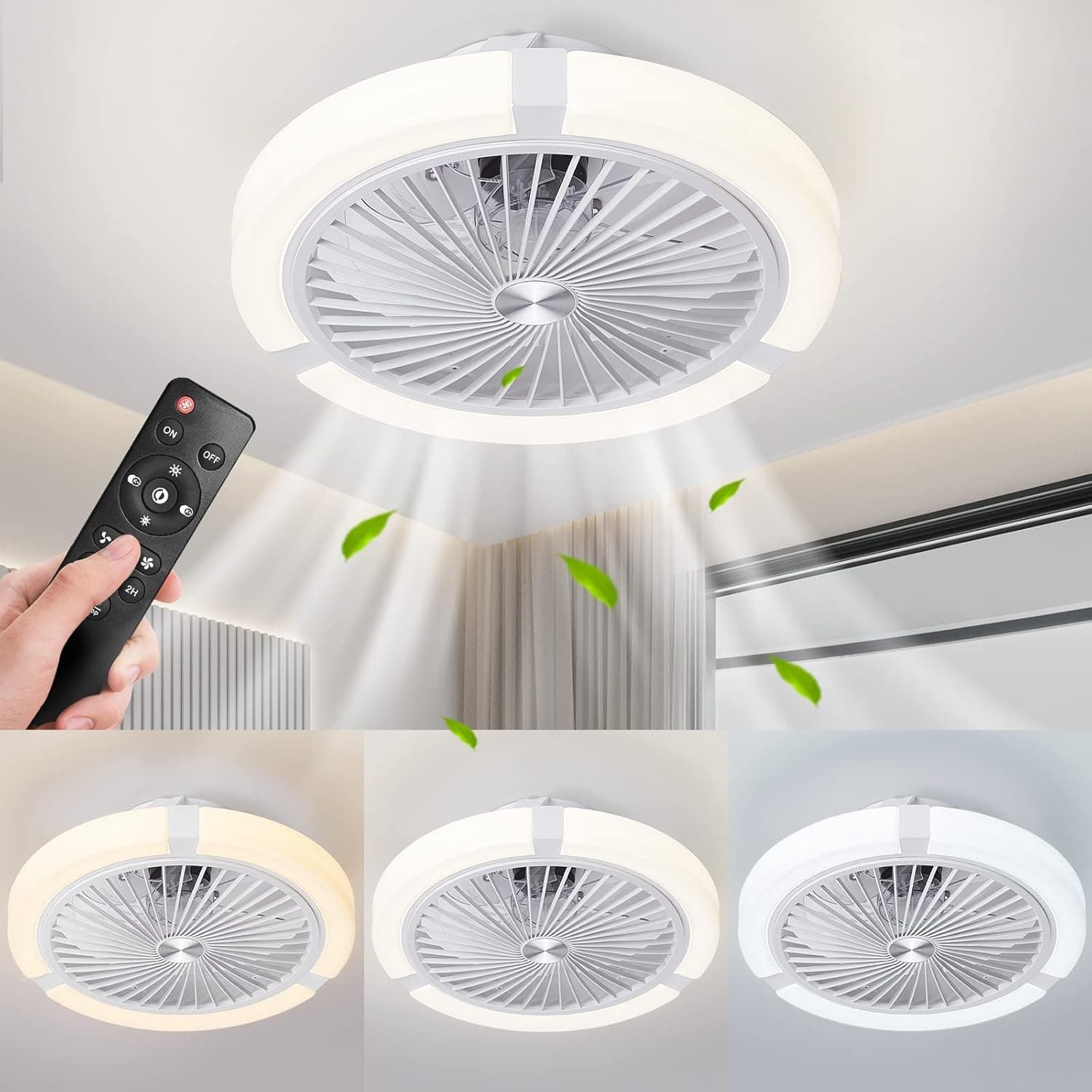 POWROL Ceiling Fan with Lights Modern 18inch Remote Control Enclosed Low Profile Ceiling Fan with Light 3 Speed LED Dimming 3 Colors 8 Invisible Bladeless Flush Mount Fan Light Bedroom,Offices