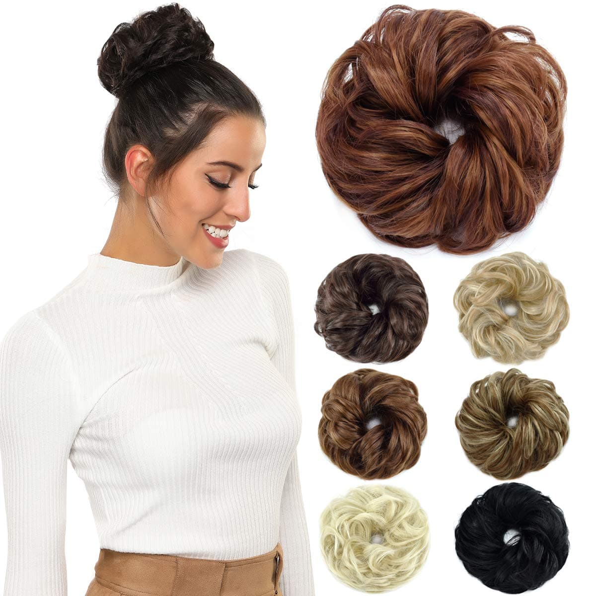ROSEBUD Wavy Wig Bangs Hair Bun Synthetic Hairpiece for Women